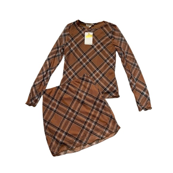 Crown of hearts Plaid Brown Outfit 2PC Set Long Sleeve Top Skirt Girls S NWT - Picture 1 of 7